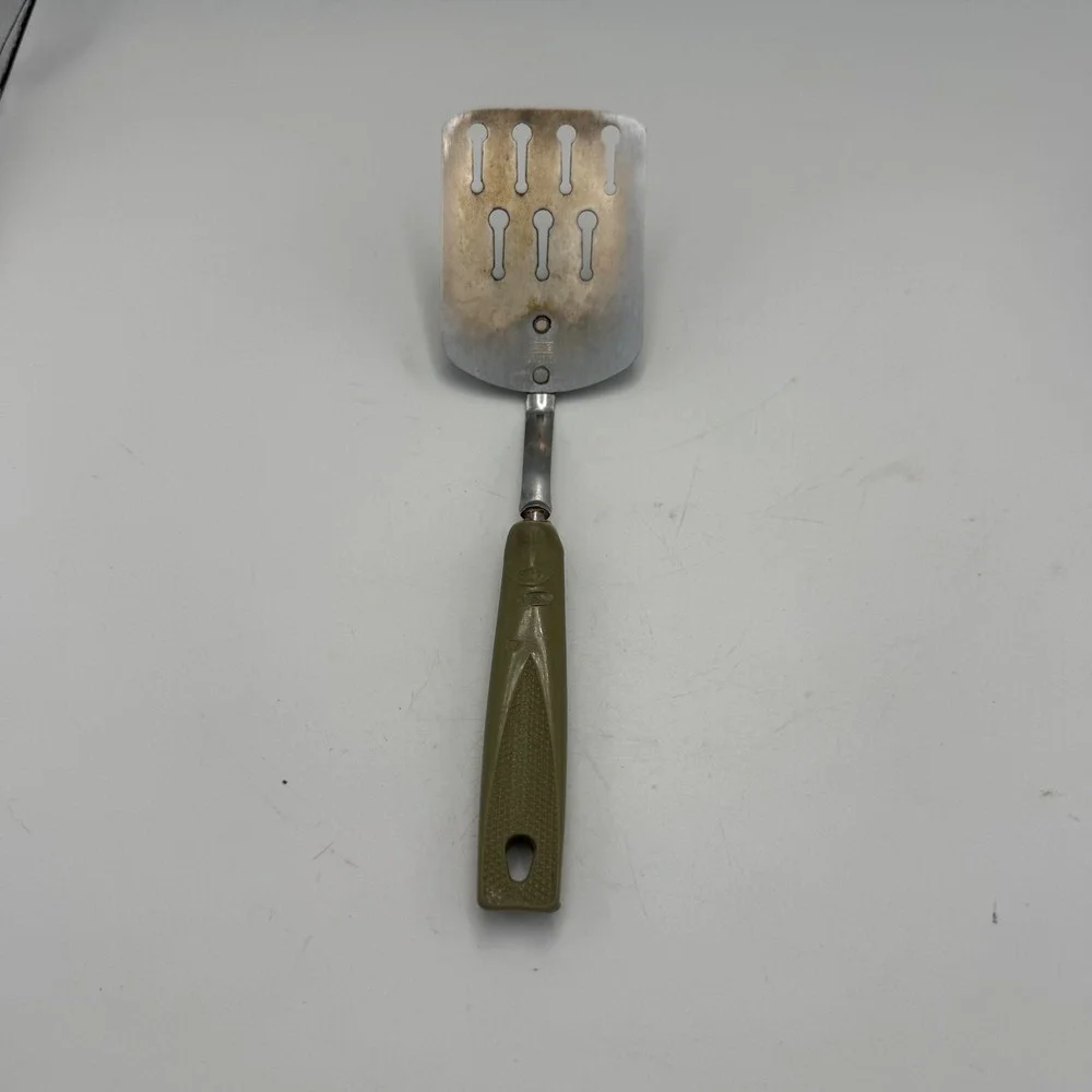 Vintage EKCO Spatula Chromium Plated Slotted Turner USA Olive Green Handle 11.5